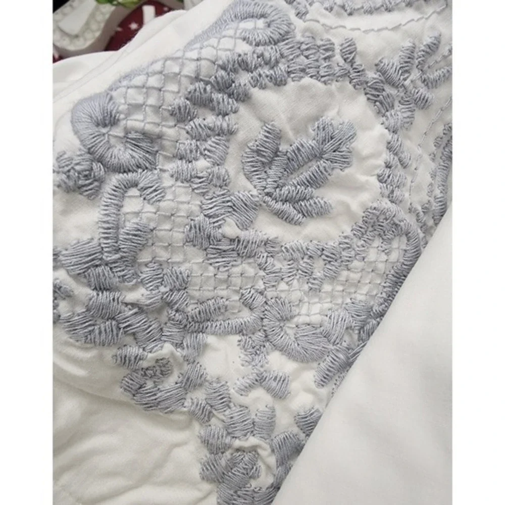 NEW Rachel Ashwell GREY Embroidered TWIN Flat Sheet 100% Cotton